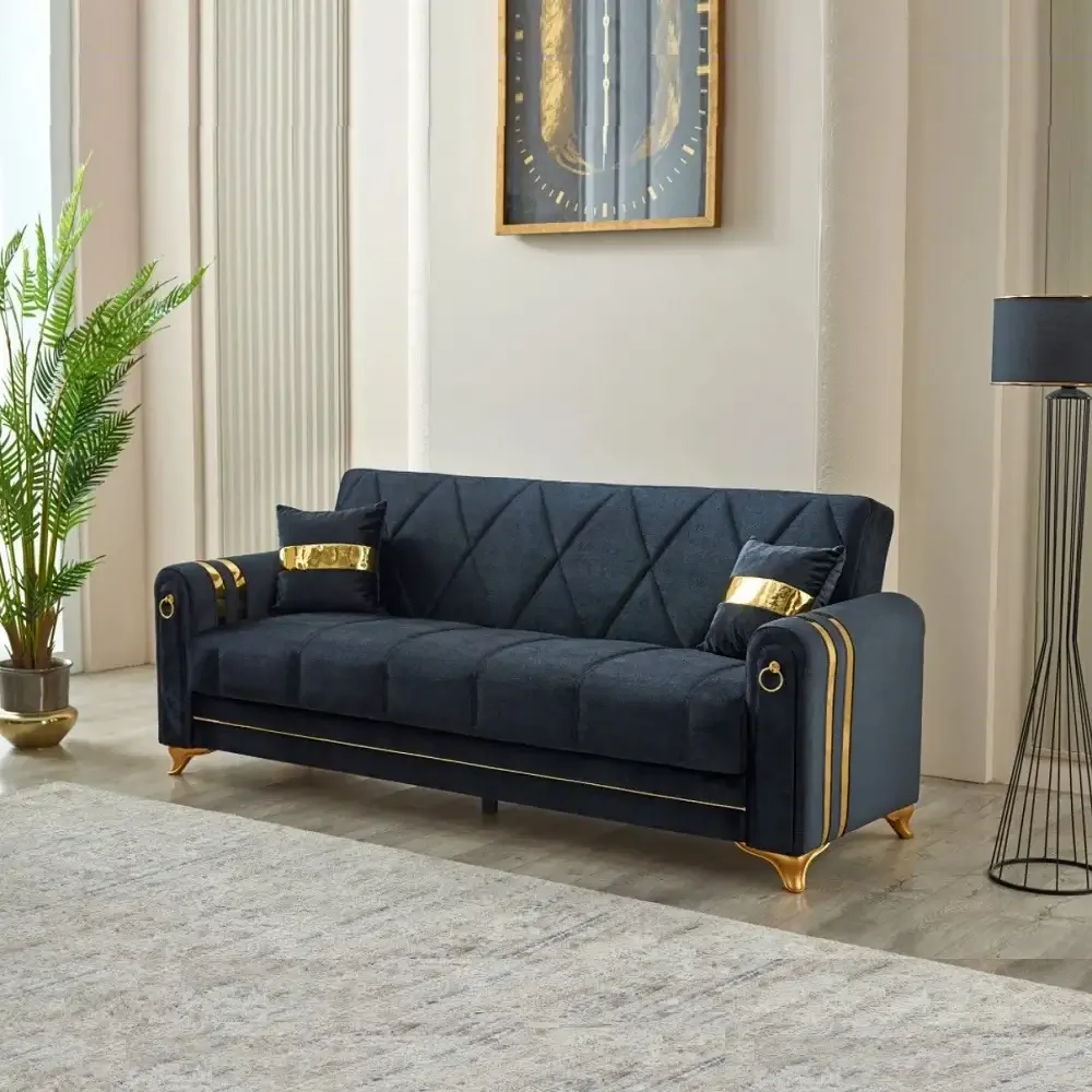 Canapea Extensibila Cu Lada De Depozitare 220x87x93 Cm, Detalii Aurii –Camara