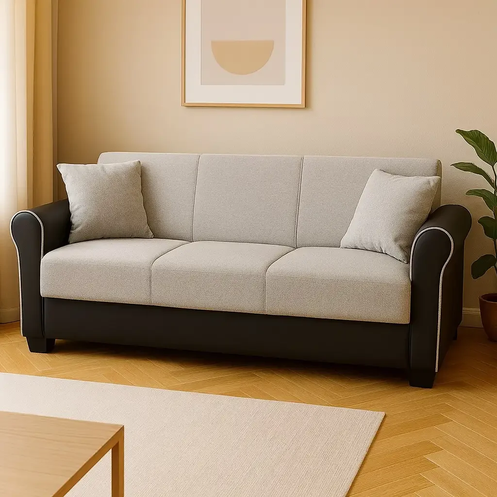 Canapea Extensibila 3 Loc Cu Spatiu De Depozitare – Stofa Negru Si Bej – Country