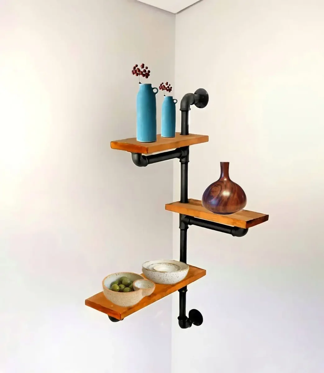 Raft cu 3 Polite Stil Industrial din Lemn-Metal Homs 70 x 12 x 57 cm