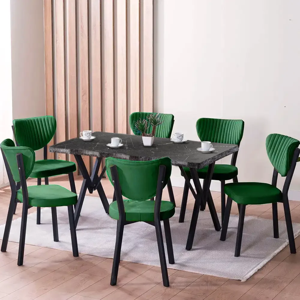 Set Masa Barton Din MDF Cu 4 Scaune Din Metal, Culoare Negru Si Verde, 140 cm