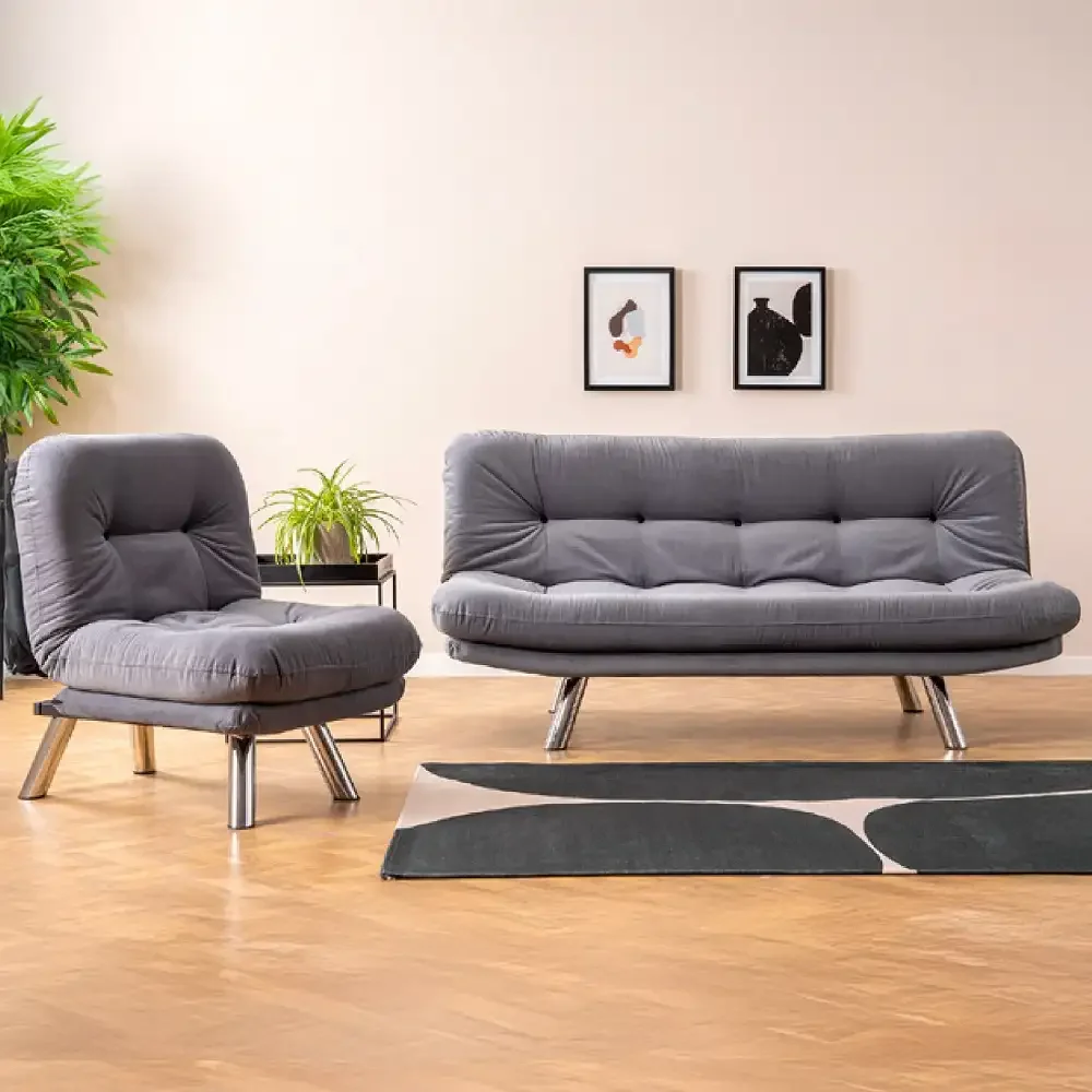 Set Canapea Extensibila 3 Locuri Si 1 Fotoliu Extensibila, Living, 180x110 Cm – Stofa, Gri – Merburn