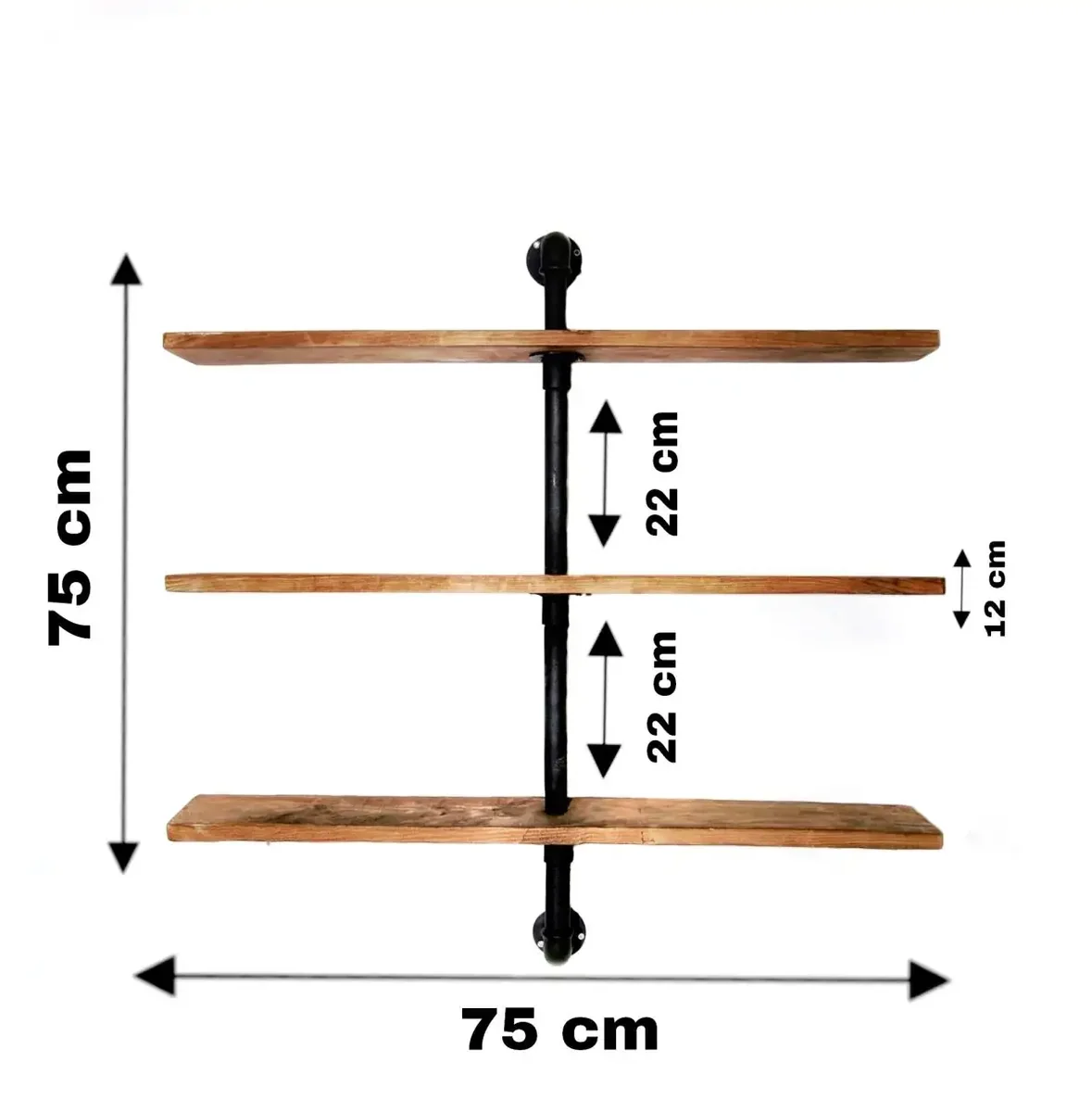 Raft cu 3 Polite Stil Industrial din Lemn-Metal Homs 75 x 75 x 12 cm