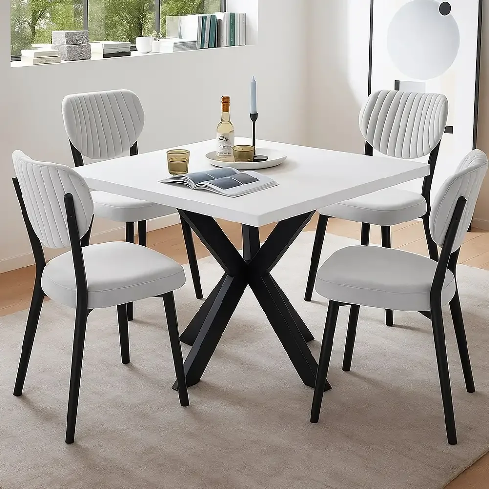 Set Masa Bucatarie cu 4 Scaune, Masa MDF, Alb, 80x80x74 cm