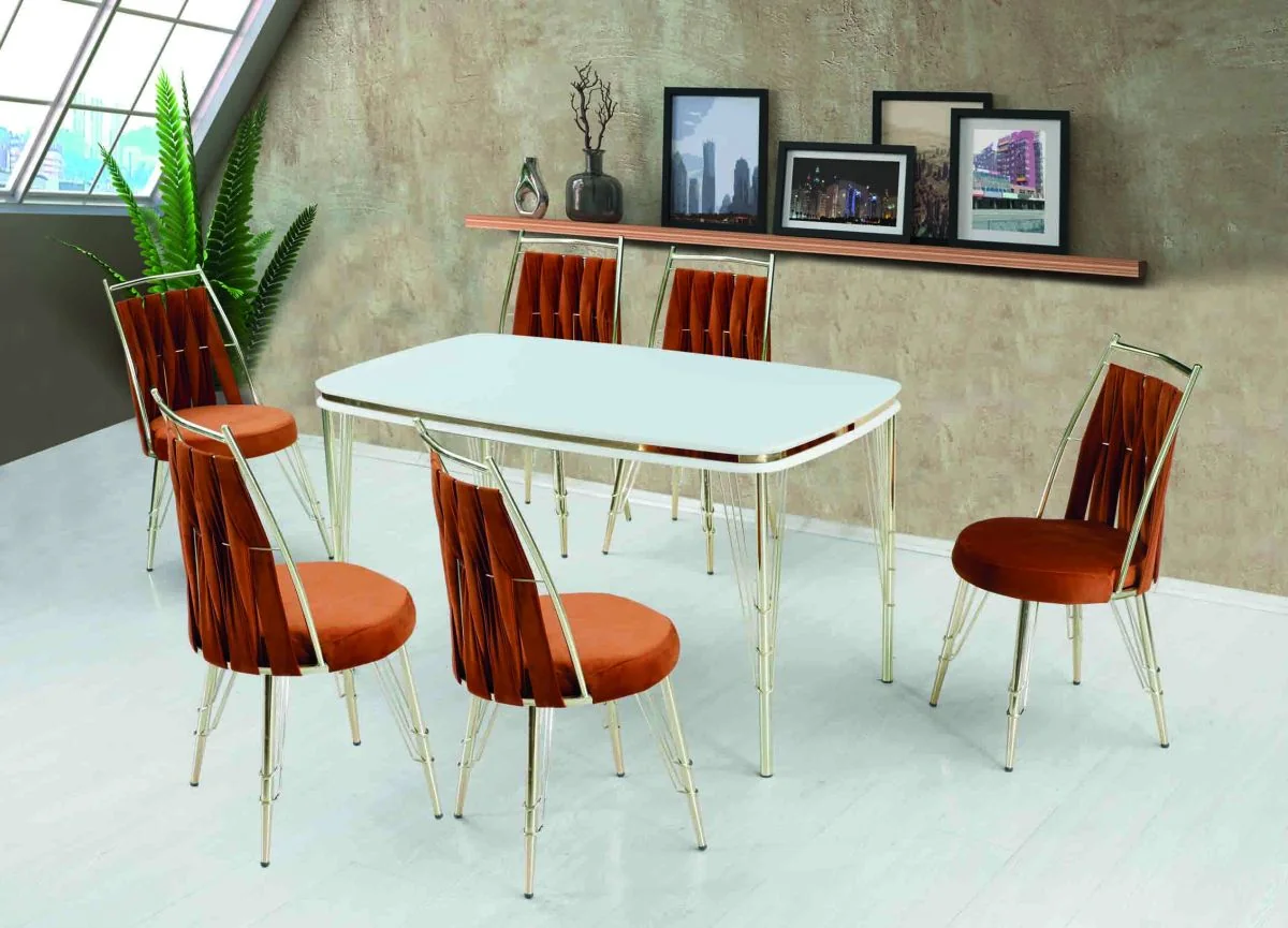 Set Masa cu 6 Scaune Bucatarie, Reina Homs 80 x 140 cm, Negru/Auriu, MDF, 250-30216-17