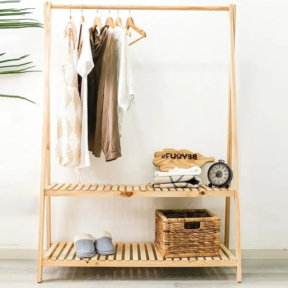 Suport pentru Umerase, Pantofar, 2 Rafturi si din Lemn Masif, 148 cm