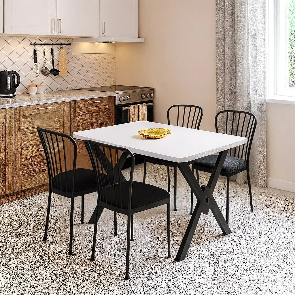 Set Masa Cu 4 Scaune Metal, Amsterdam Homs, Alb/Negru 70 x 110 cm