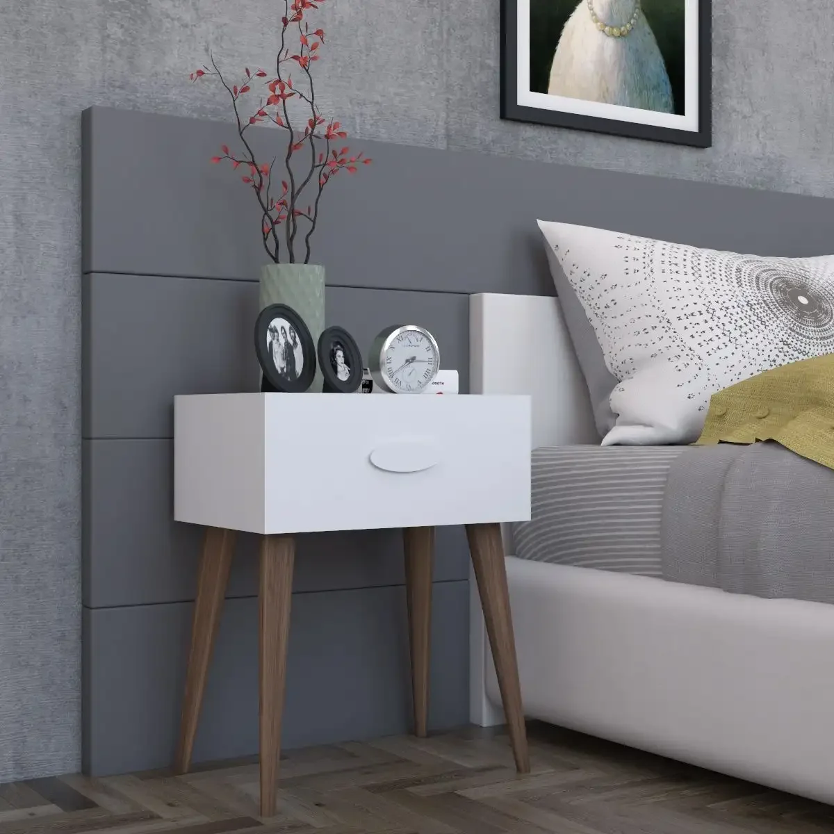 Noptiera Modernă cu Sertar Sara Homs 45 x 30 x 57.5 cm, Alb-Nuc