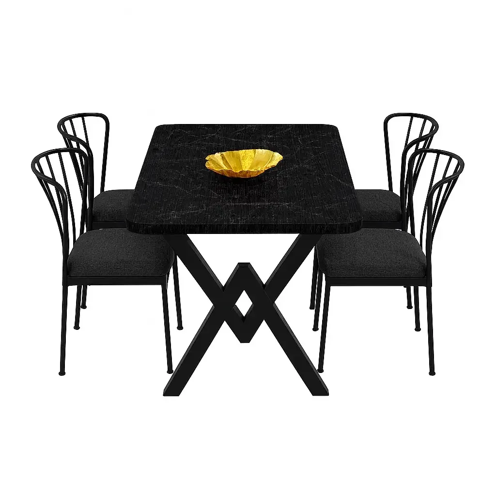 Set Masa Cu 4 Scaune Metal, Amsterdam Homs, Negru Marmurat/Negru 70 X 110 Cm