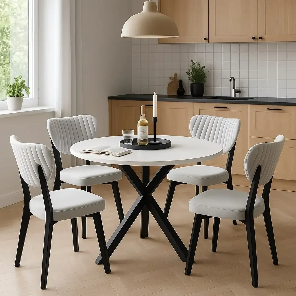 Masa de Bucatarie Rotunda din MDF, Alb-Negru, Texturata, Homs 80x80x75 cm