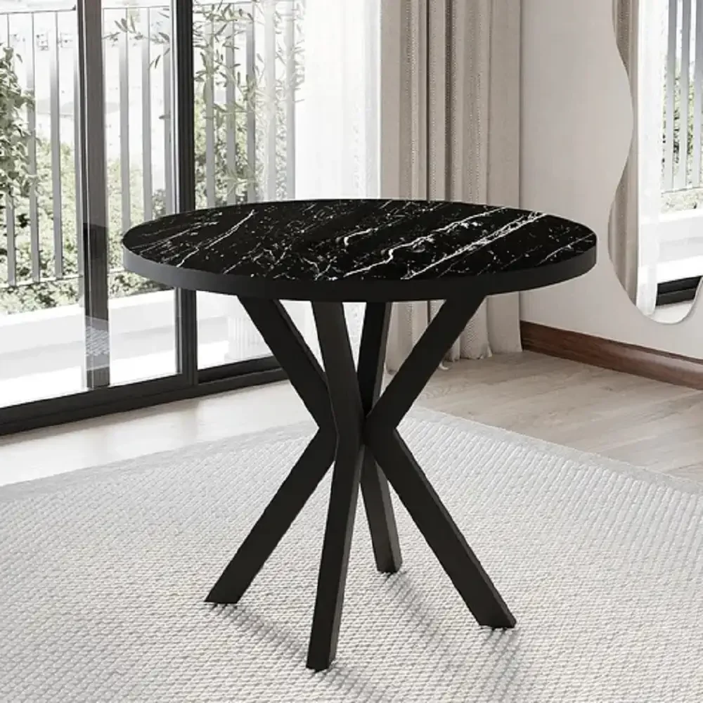 Masa de Bucatarie Rotunda din MDF, Marmorat Negru, Homs 80x80x75 cm