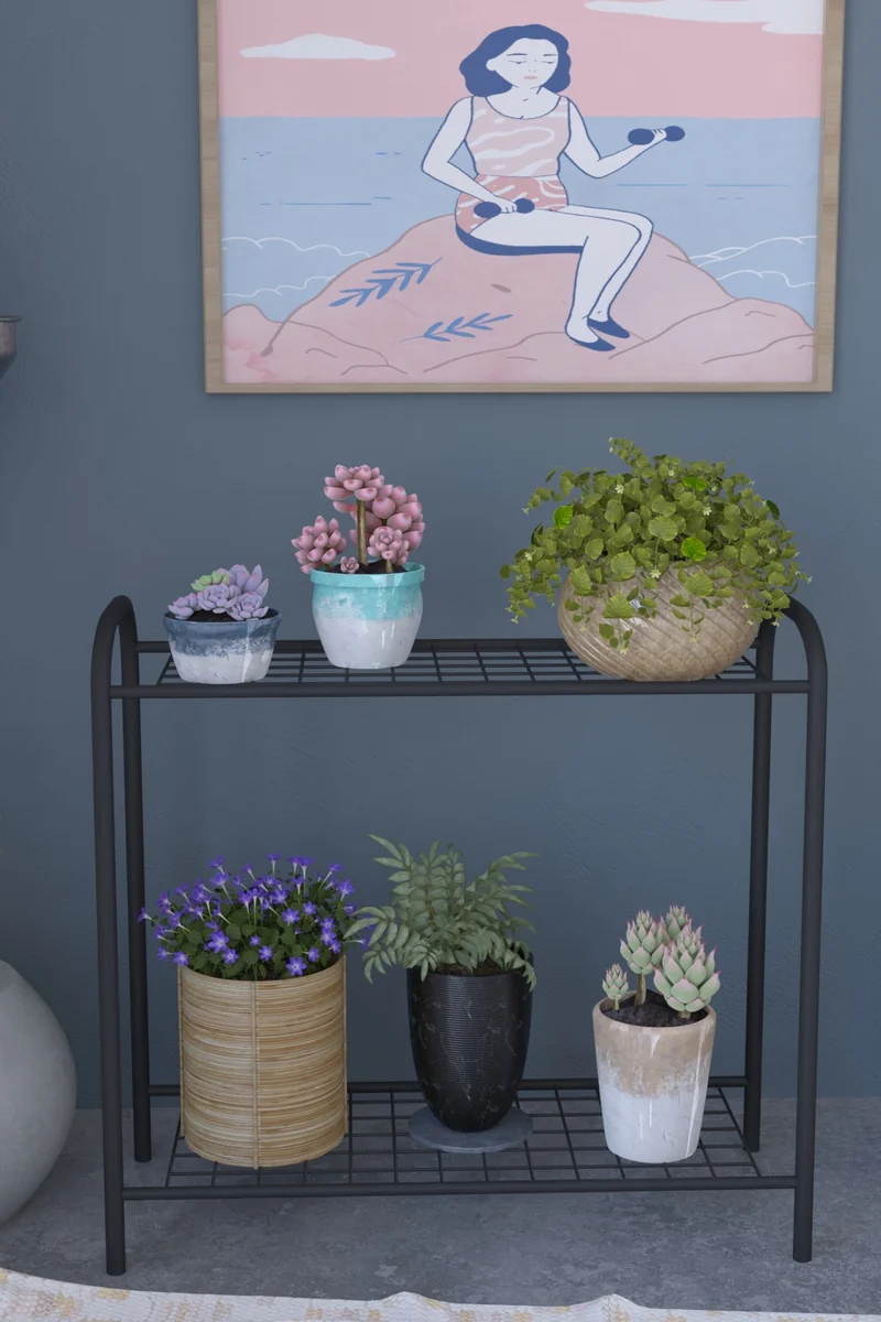 Stand pentru Flori cu 2 Etajere Metal Cici Homs 74 x 70 cm, Negru