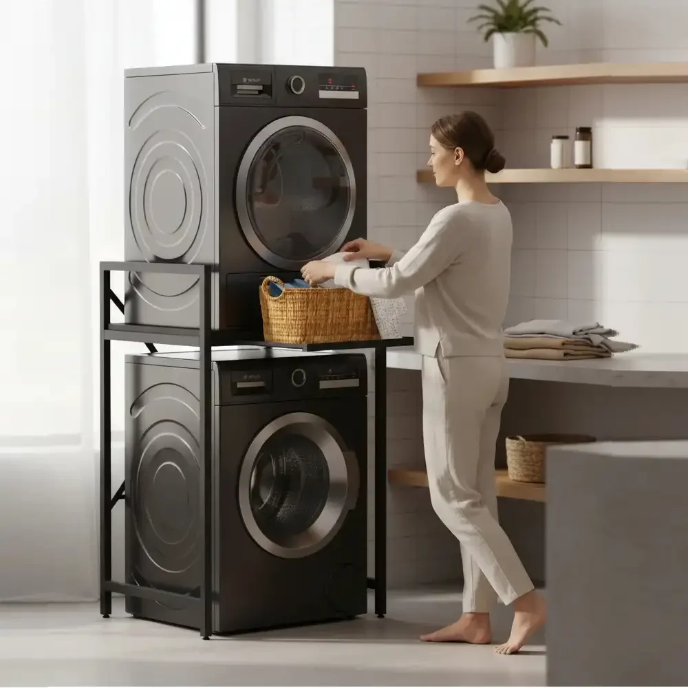 Suport raft pentru mașină de spălat și uscător cu sertar, Negru