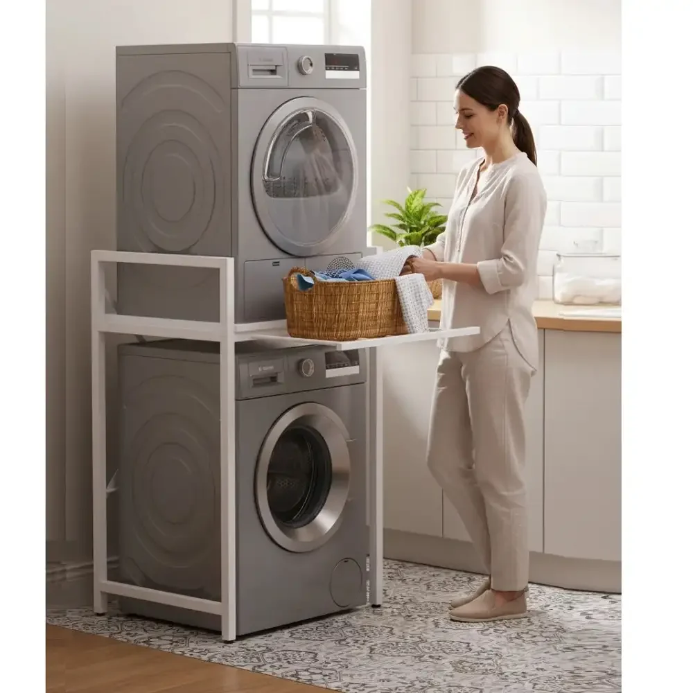 Suport raft pentru mașină de spălat și uscător cu sertar, Alb