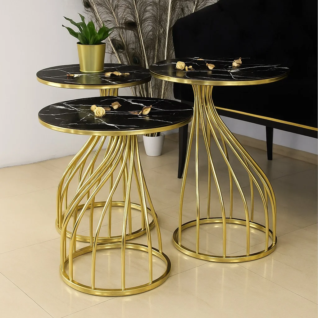 Set Măsuță de Cafea Homs – 3 Bucăți – Negru & Gold