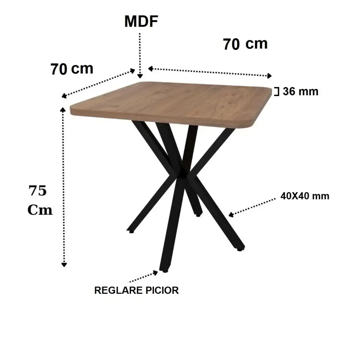 Masa bucatarie patrat  din mdf texturata,culoare nuc, Homs 70 x 70X75