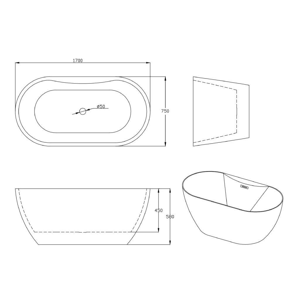 Cada Baie Freestanding Bella WB-812-1 Acril 170 x 75 x 58 cm Alb