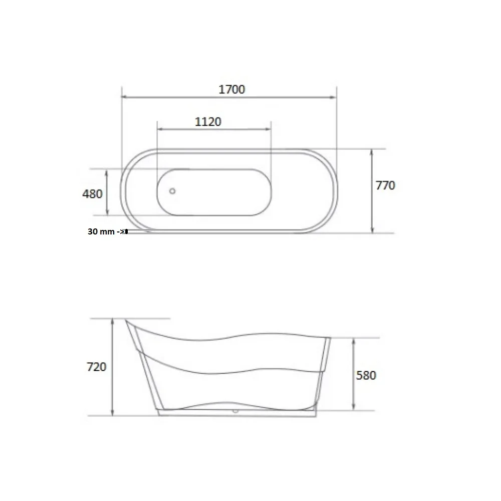 Cada Baie Freestanding Bella WB-6065 Acril 170 x 77 x 72 cm Alb