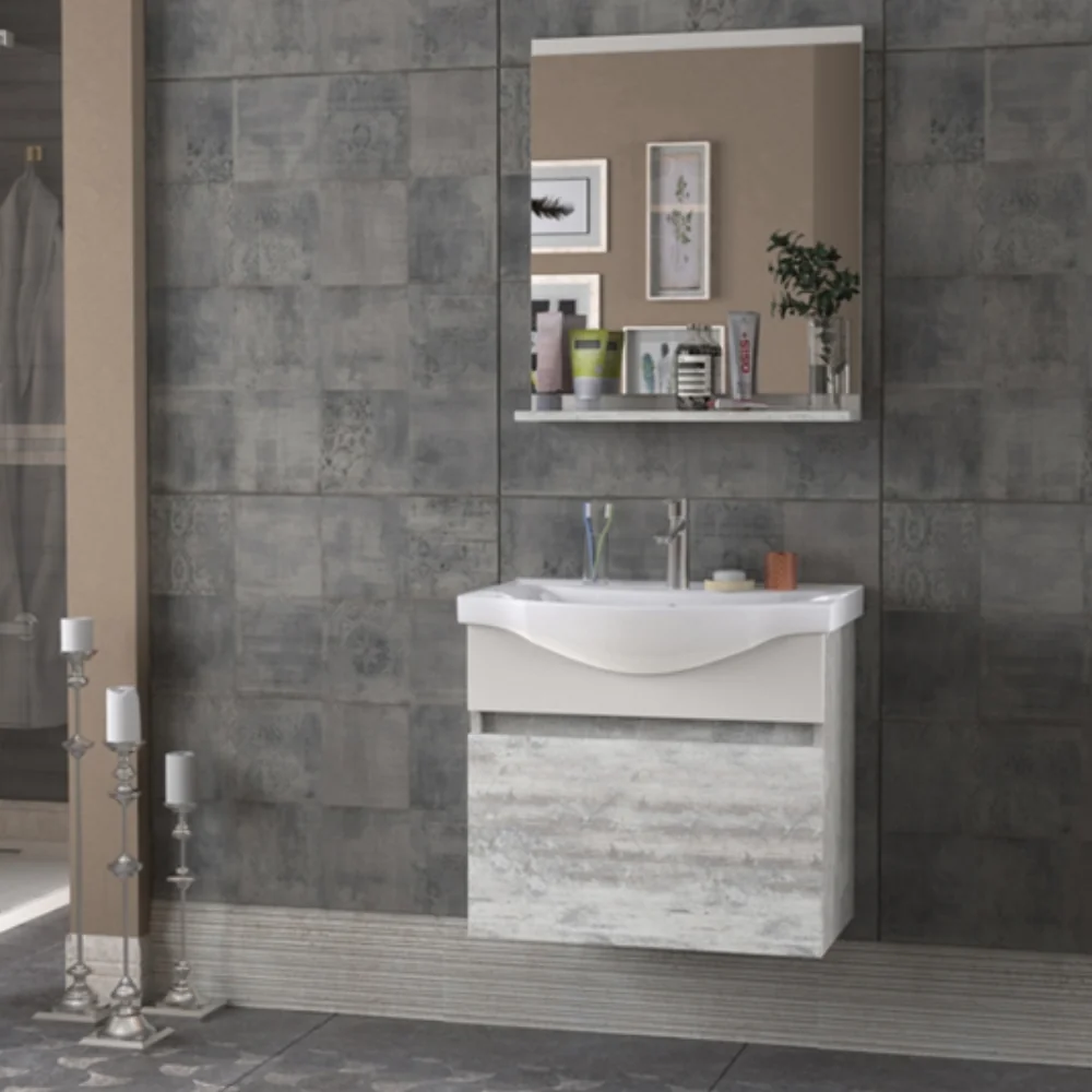 Set Mobilier Baie Selcuk Suspendat 3 Piese Gri Deschis 65 cm