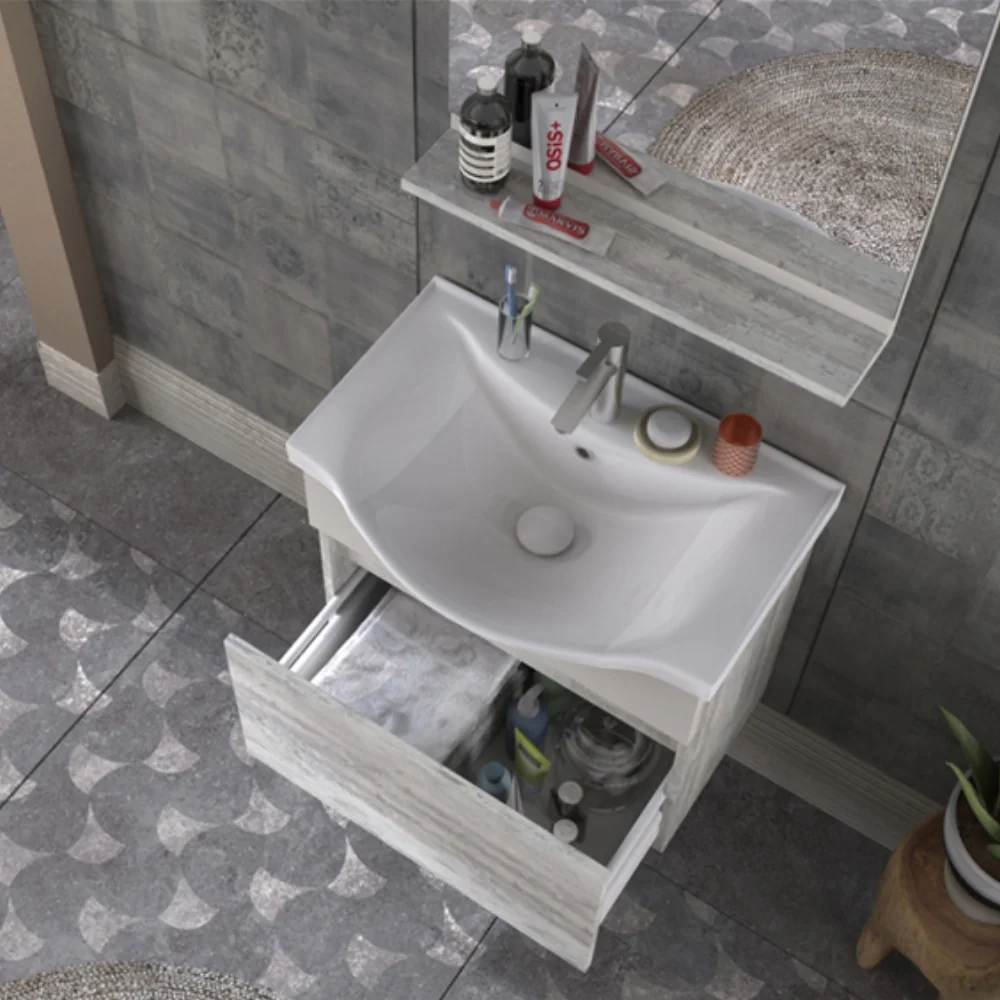 Set Mobilier Baie Selcuk Suspendat 3 Piese Gri Deschis 65 cm