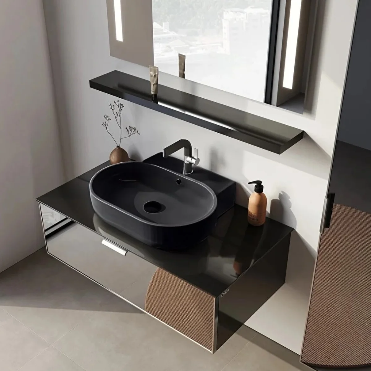 Set Mobilier Baie Orka Yalikoy Suspendat 3 Piese Negru 90 Cm