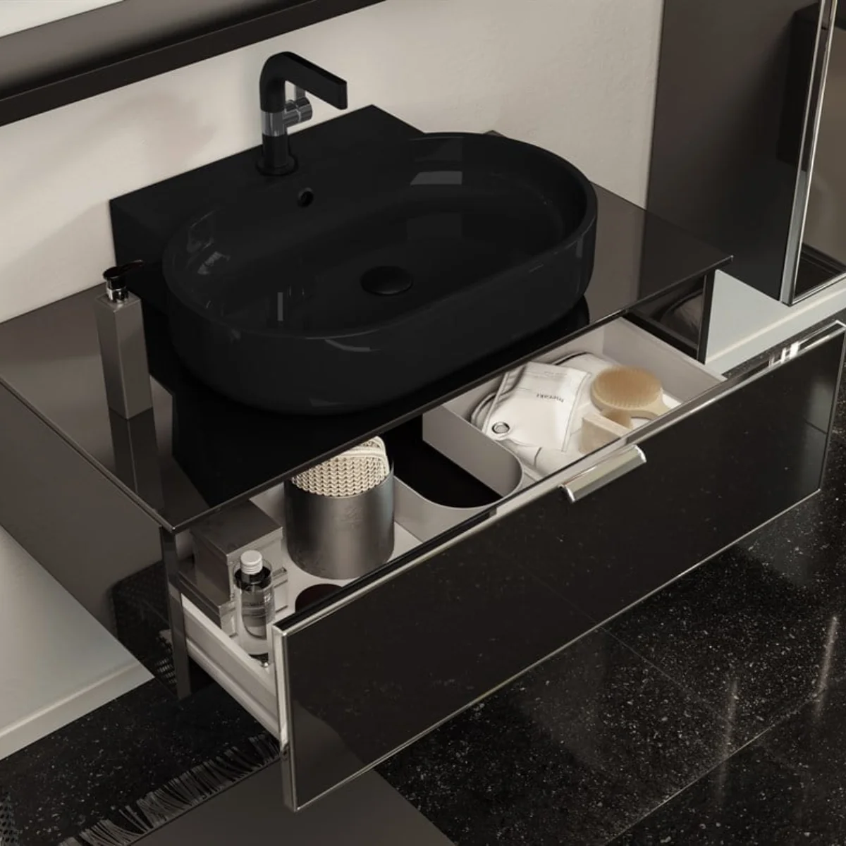 Set Mobilier Baie Orka Yalikoy Suspendat 3 Piese Negru 90 Cm