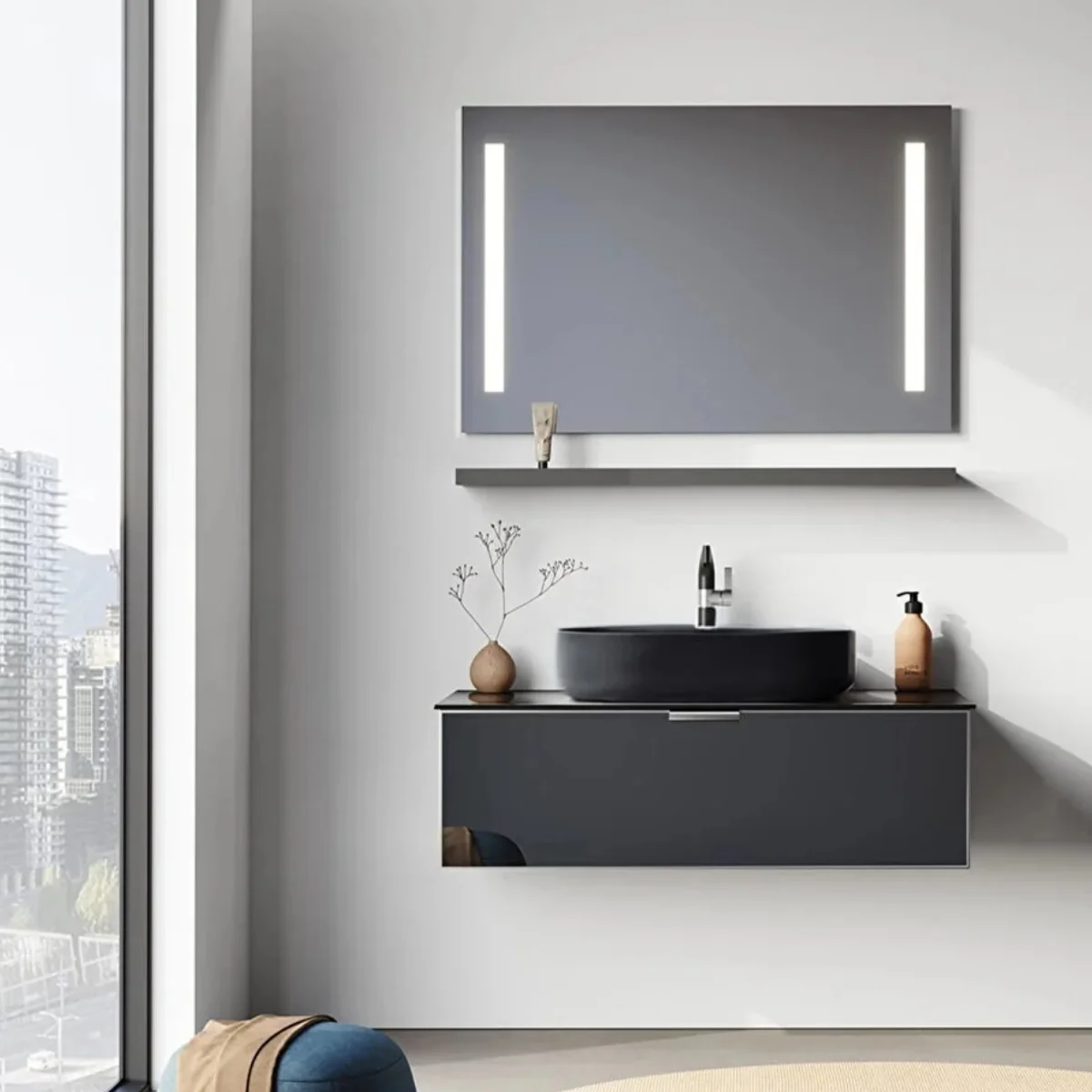 Set Mobilier Baie Orka Yalikoy Suspendat 3 Piese Negru 90 Cm