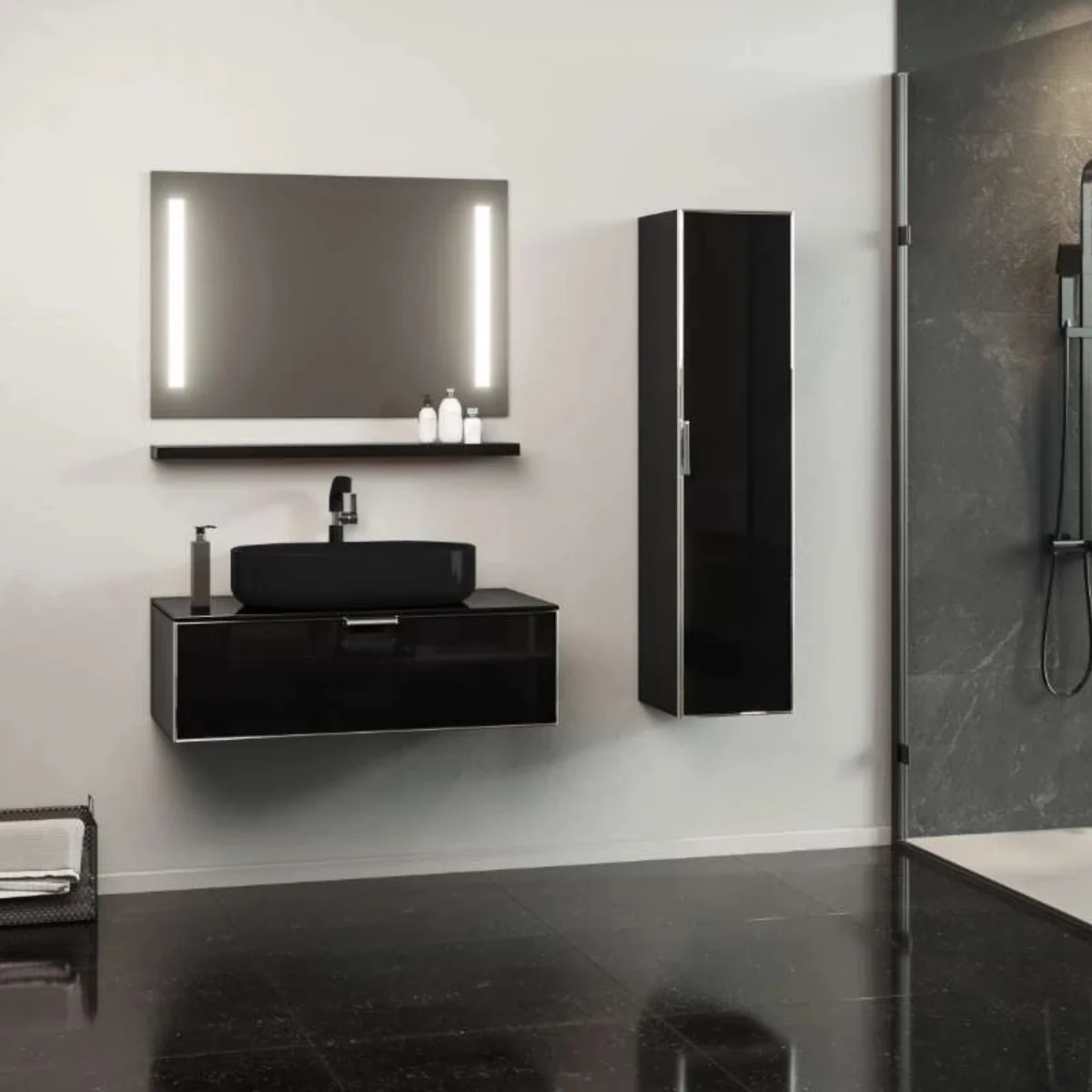 Set Mobilier Baie Orka Yalikoy Suspendat 3 Piese Negru 90 Cm