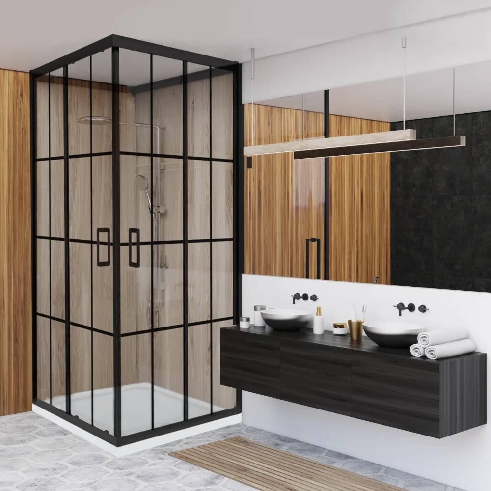 Cabina De Dus Simpla Celesta Titan Patrata Sticla Cu Model Windows 101 6 Mm 80 X 80 X 190 Cm Profil Negru