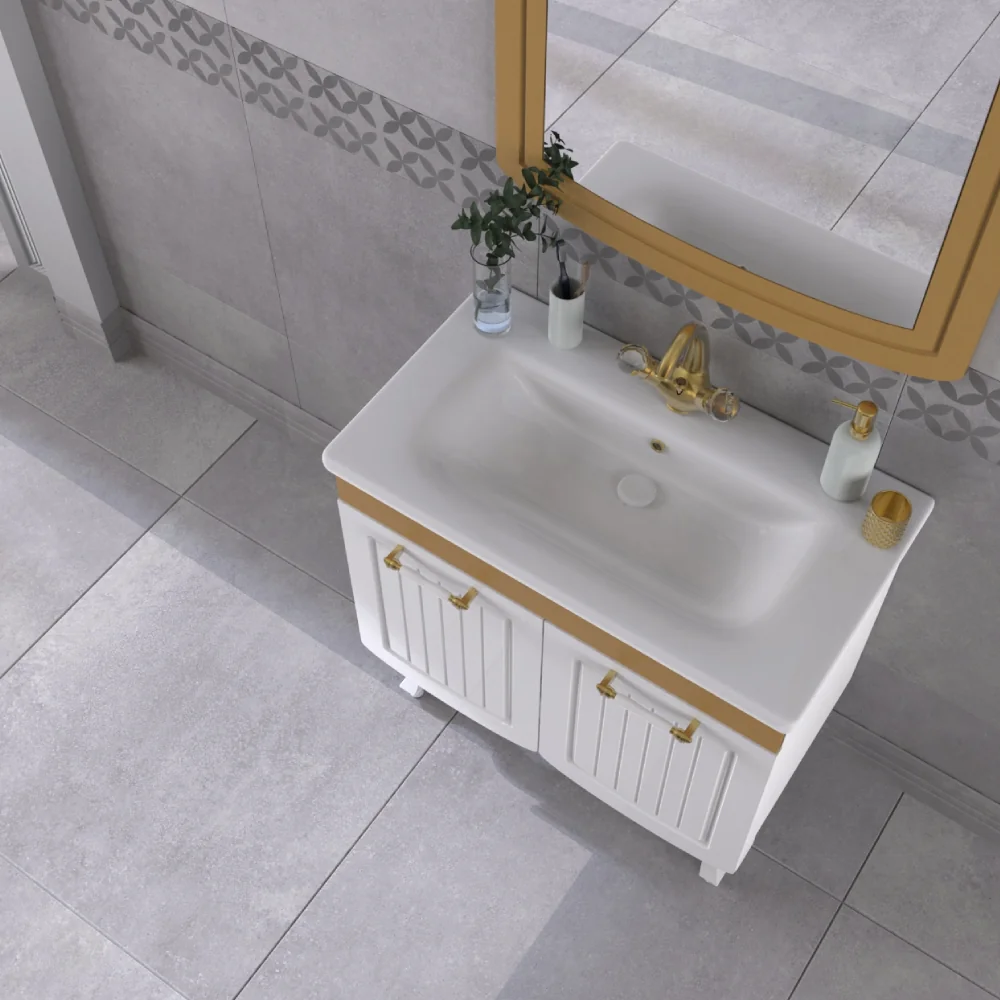 Set Mobilier Baie Pera 3 Piese Alb-Auriu 80 cm