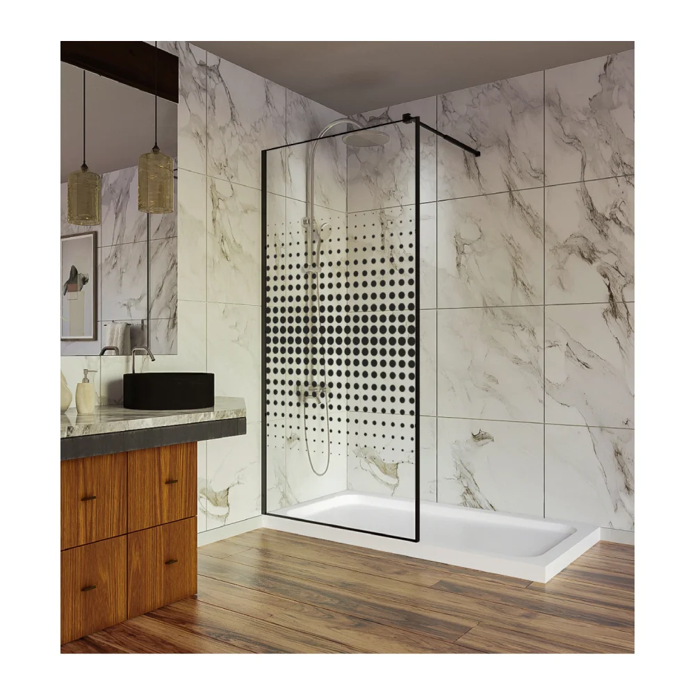 Paravan Dus Walk In / Perete Dus Sticla Cu Model Dots 106 6 Mm Profil Negru Mat Tija Extensibila 100 x 200 Cm