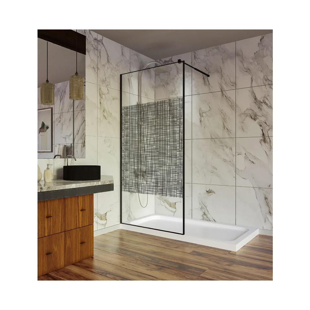Paravan Dus Walk In / Perete Dus Sticlă Cu Model Lines 104 8 mm Profil Negru Mat Tija Extensibilă 100 x 200 cm