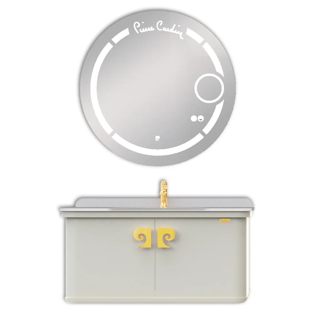 Set Mobilier Baie Pierre Cardin Eva LED Suspendat 3 Piese Alb-Auriu 101 cm