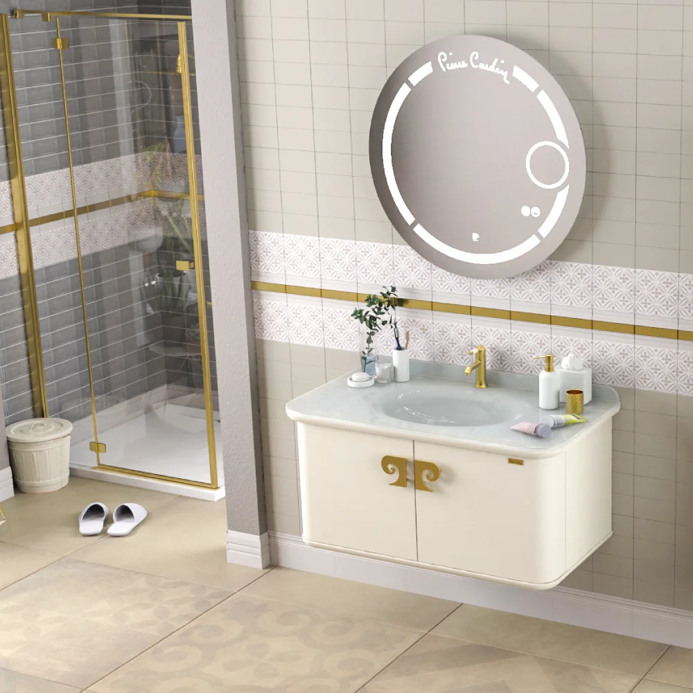 Set Mobilier Baie Pierre Cardin Eva LED Suspendat 3 Piese Alb-Auriu 101 cm