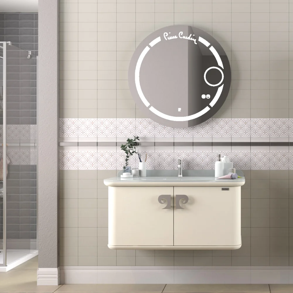 Set Mobilier Baie Pierre Cardin Eva LED Suspendat 3 Piese Alb-Argintiu 101 cm