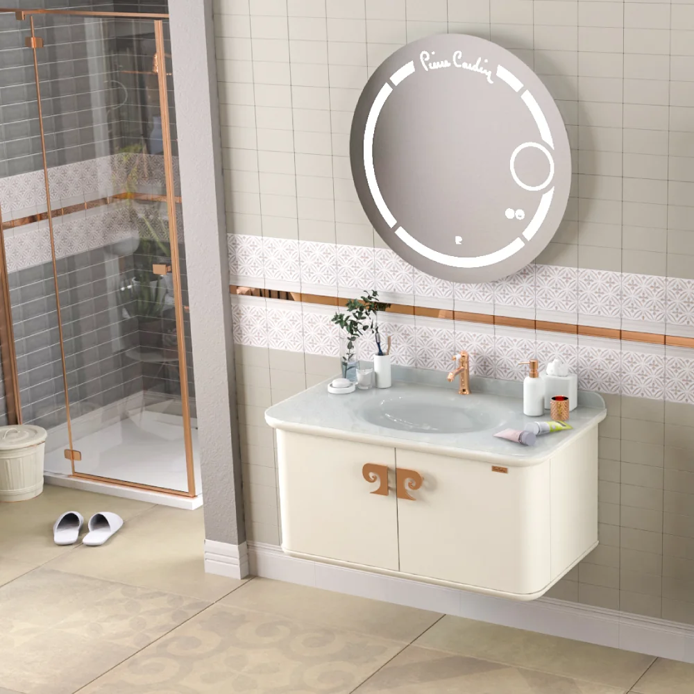 Set Mobilier Baie Pierre Cardin Eva LED Suspendat 3 Piese Alb-Aramiu 101 cm