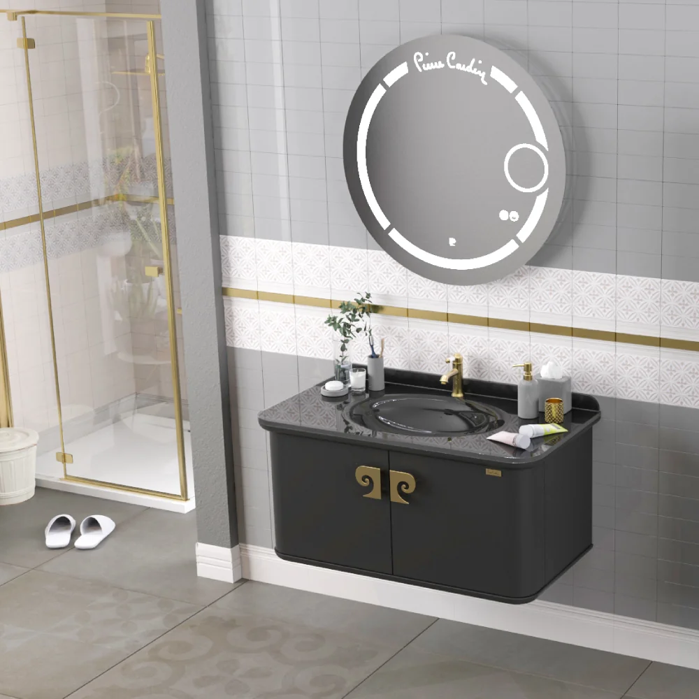 Set Mobilier Baie Pierre Cardin Eva LED Suspendat 3 Piese Negru-Auriu 101 cm