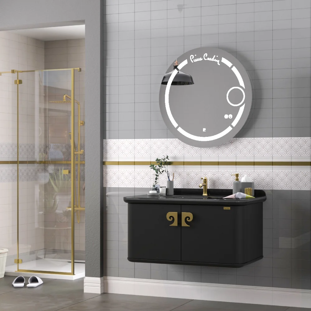 Set Mobilier Baie Pierre Cardin Eva LED Suspendat 3 Piese Negru-Auriu 101 cm