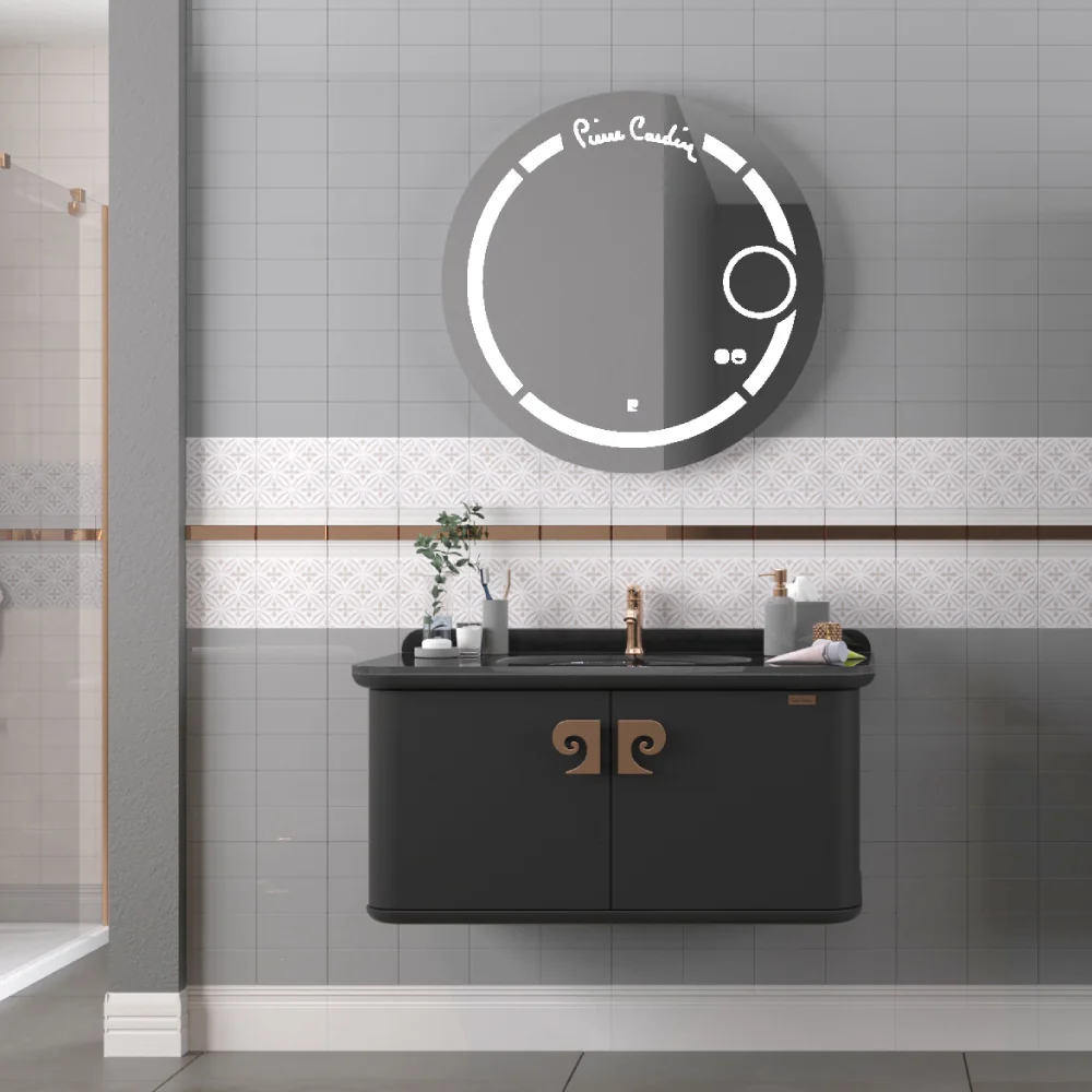 Set Mobilier Baie Pierre Cardin Eva LED Suspendat 3 Piese Negru-Aramiu 101 cm