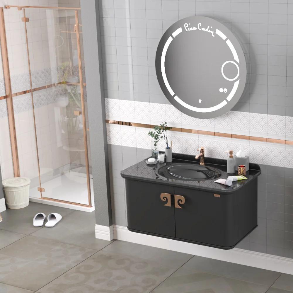 Set Mobilier Baie Pierre Cardin Eva LED Suspendat 3 Piese Negru-Aramiu 101 cm