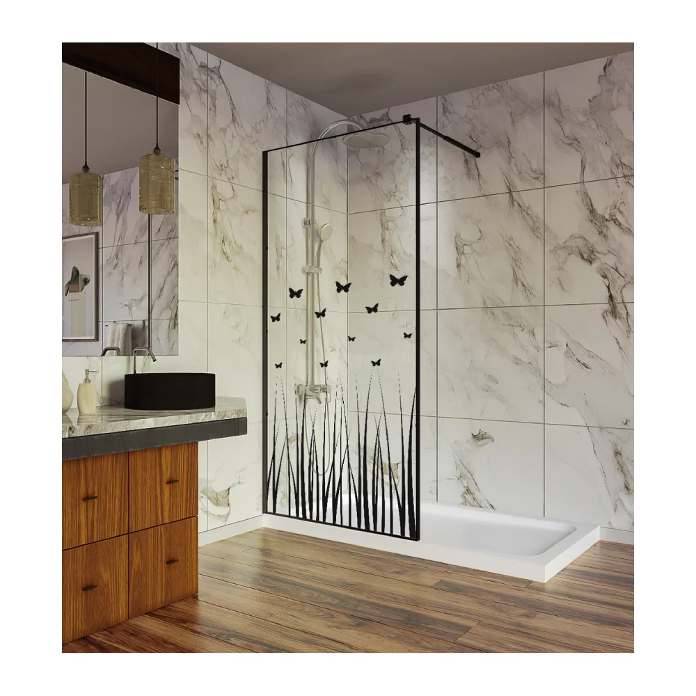 Paravan Dus Walk In / Perete Dus Sticlă Cu Model Butterfly 103 8 mm Profil Negru Mat Tijă Extensibilă 120 x 200 cm