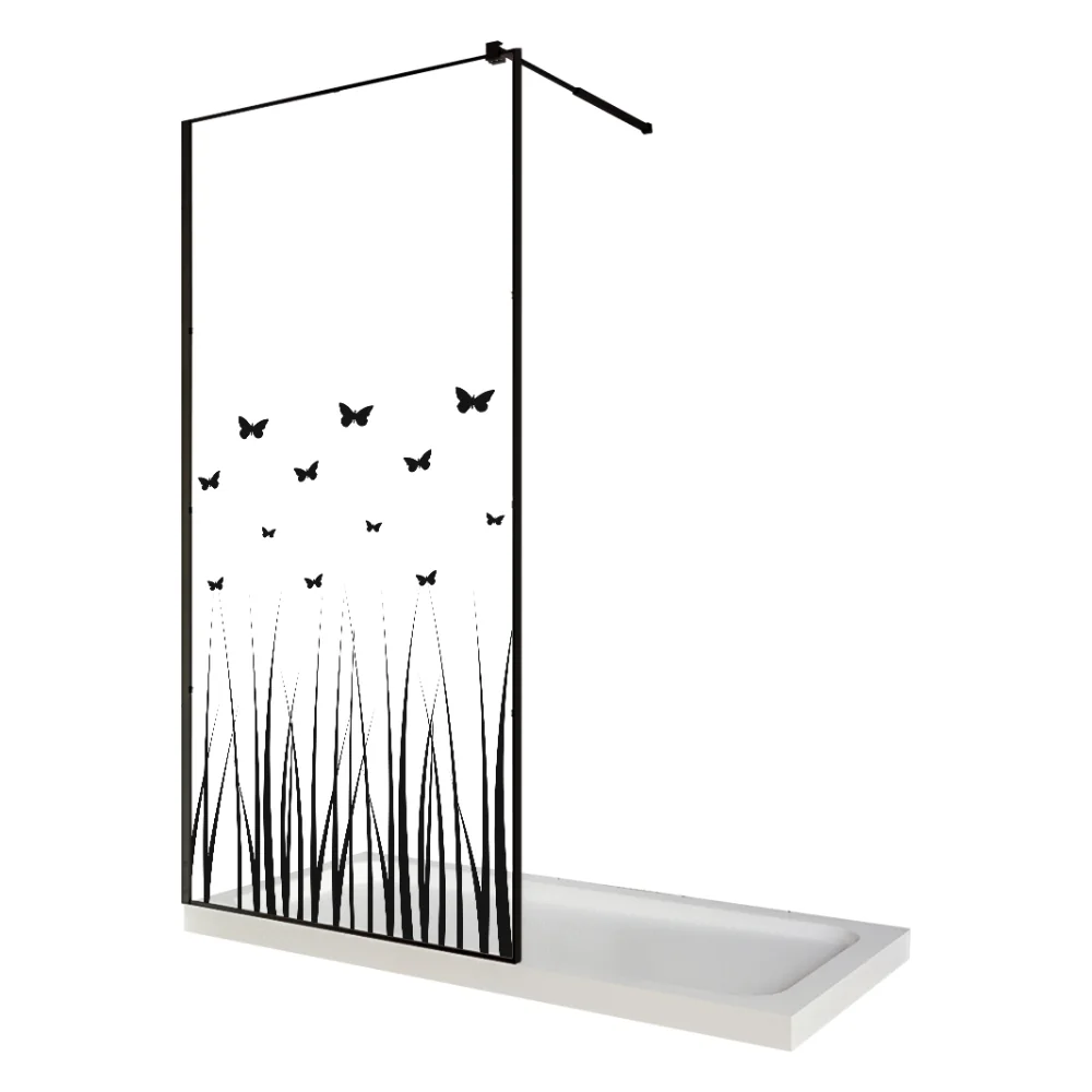 Paravan Dus Walk In / Perete Dus Sticlă Cu Model Butterfly 103 8 mm Profil Negru Mat Tijă Extensibilă 120 x 200 cm
