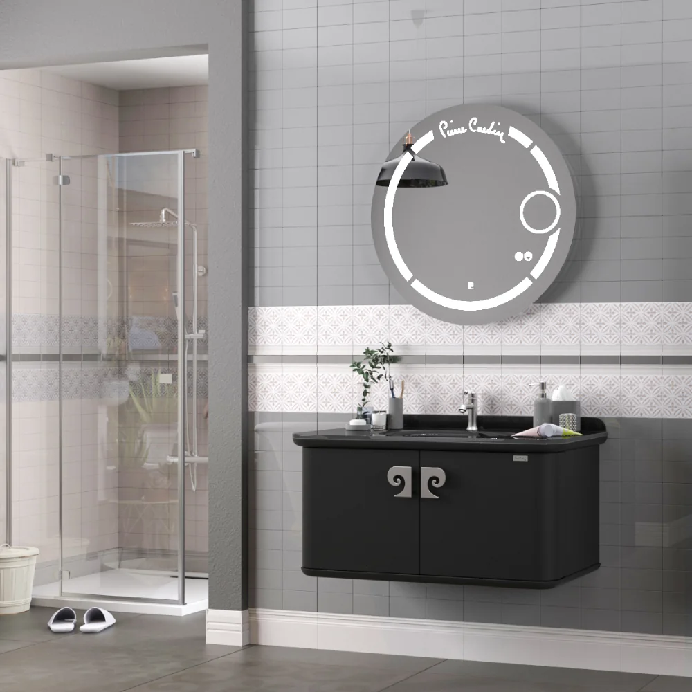 Set Mobilier Baie Pierre Cardin Eva LED Suspendat 3 Piese Negru-Argintiu 101 Cm