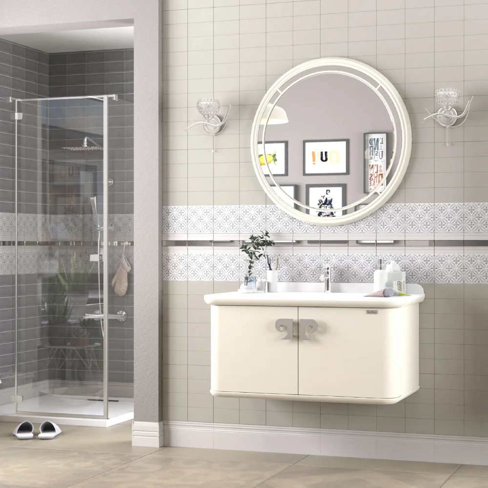 Set Mobilier Baie Pierre Cardin Eva Suspendat 3 Piese Alb-Argintiu Mat 101 Cm