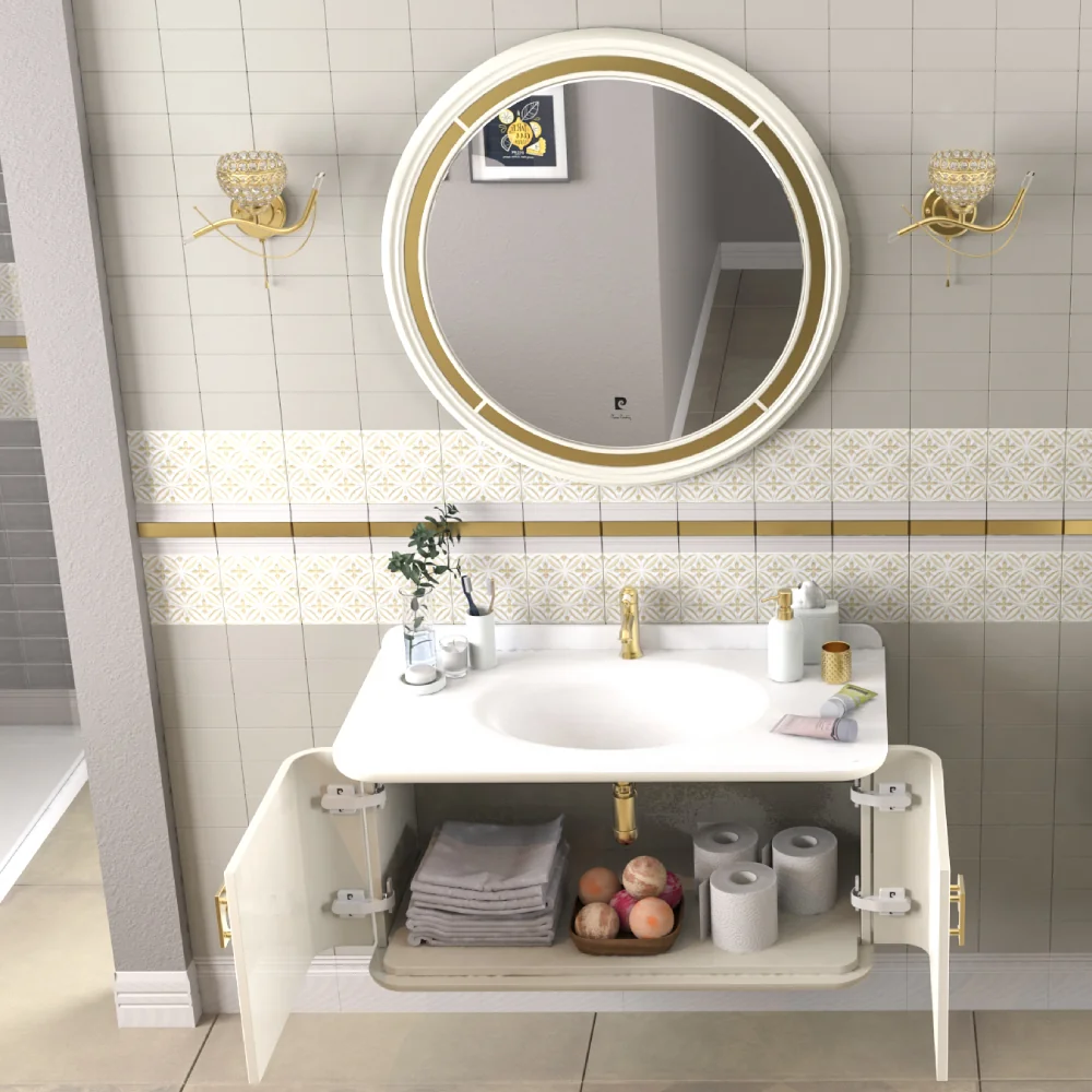 Set Mobilier Baie Pierre Cardin Eva Suspendat 3 Piese Alb-Auriu Mat 101 cm