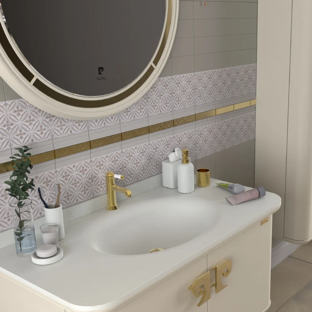 Set Mobilier Baie Pierre Cardin Eva Suspendat 3 Piese Alb-Auriu Mat 101 cm