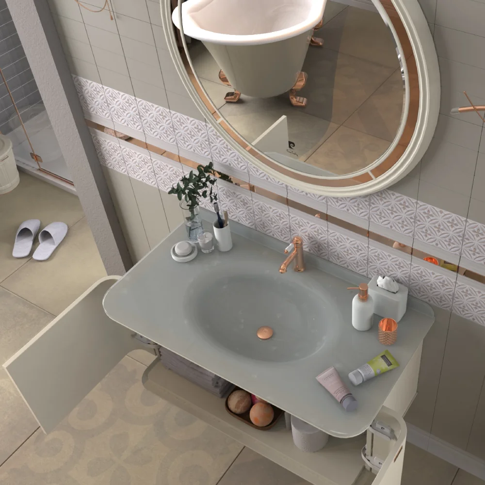 Set Mobilier Baie Pierre Cardin Eva Suspendat 3 Piese Alb-Aramiu Mat 101 Cm