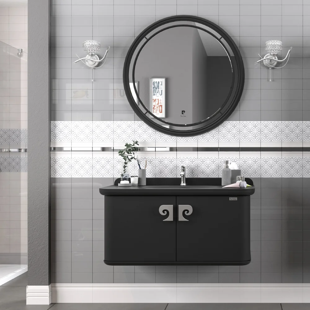 Set Mobilier Baie Pierre Cardin Eva Suspendat 3 Piese Negru-Argintiu Mat 101 Cm