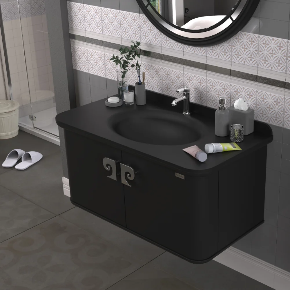 Set Mobilier Baie Pierre Cardin Eva Suspendat 3 Piese Negru-Argintiu Mat 101 Cm