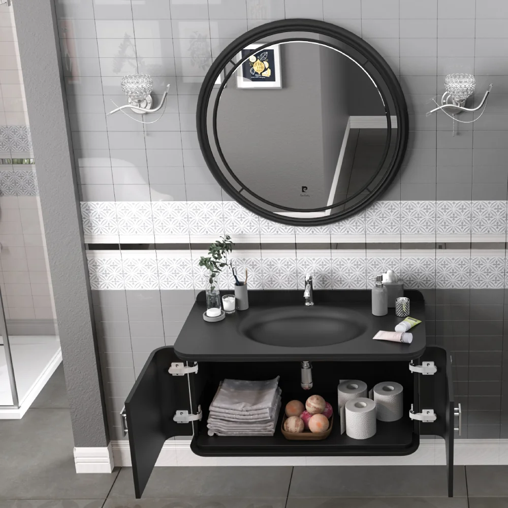 Set Mobilier Baie Pierre Cardin Eva Suspendat 3 Piese Negru-Argintiu Mat 101 Cm