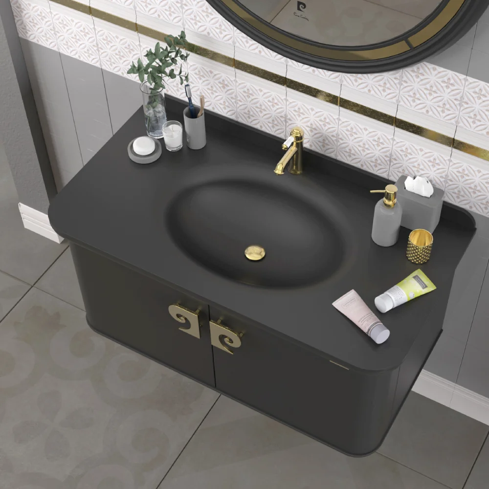 Set Mobilier Baie Pierre Cardin Eva Suspendat 3 Piese Negru-Auriu Mat 101 Cm